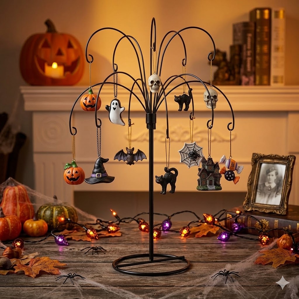 HOHIYA 2-Piece Ornament Display Stand 13.5 Inch Black Heavy Duty Wire Hanging Holder Max Load 1.5 lbs for  Glass Baubles and Easter Eggs Sturdy Metal Display Stand